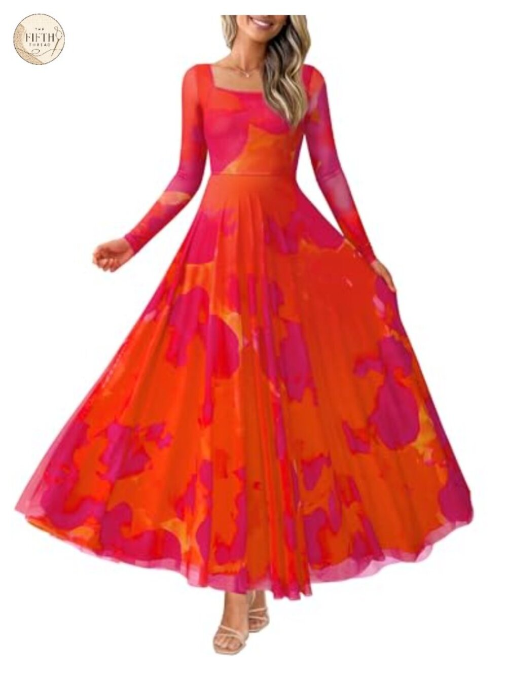 Boho Floral Maxi Dress Long Sleeve Square Neck A-Line Wedding Guest